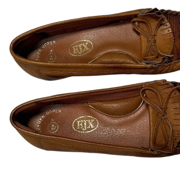 EJX Leather Upper Vintage Style Brown Leather Moccasin Loafers Flats Bow Slip On - Picture 4 of 8